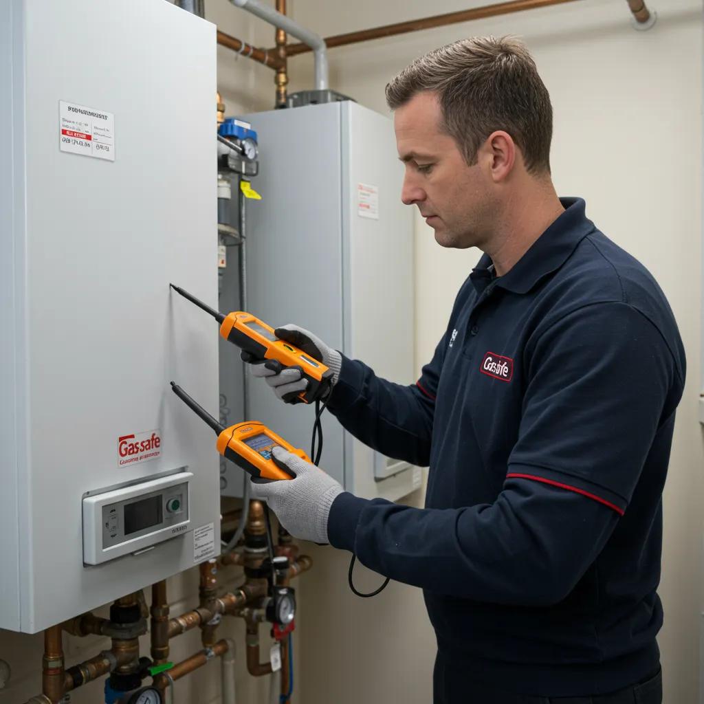 Gas Safe engineer carefully checking for carbon monoxide and gas leaks near a boiler