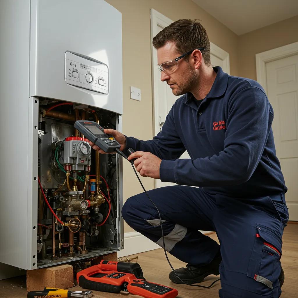 Gas Safe engineer diagnosing a boiler during an emergency repair, highlighting urgency and expertise