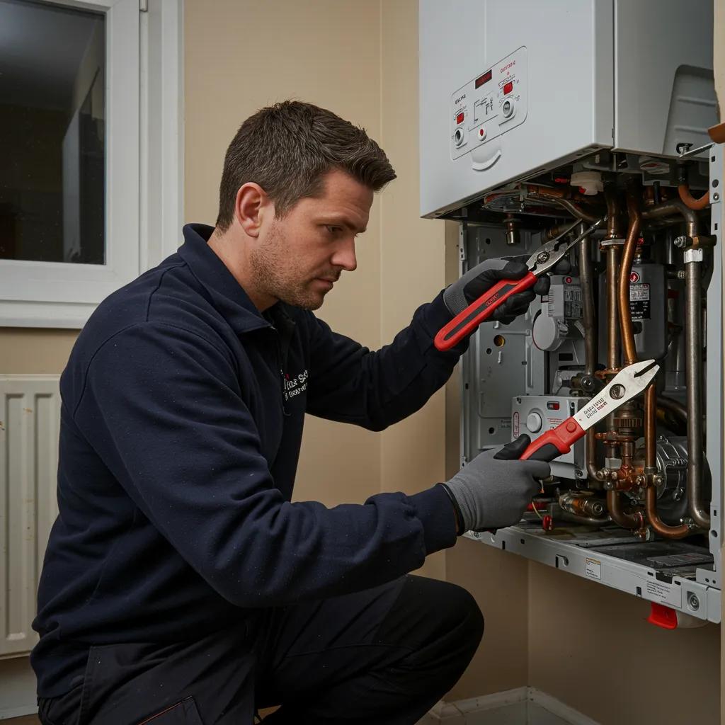 Gas Safe engineer professionally diagnosing a boiler problem in a Glasgow home, highlighting the urgency