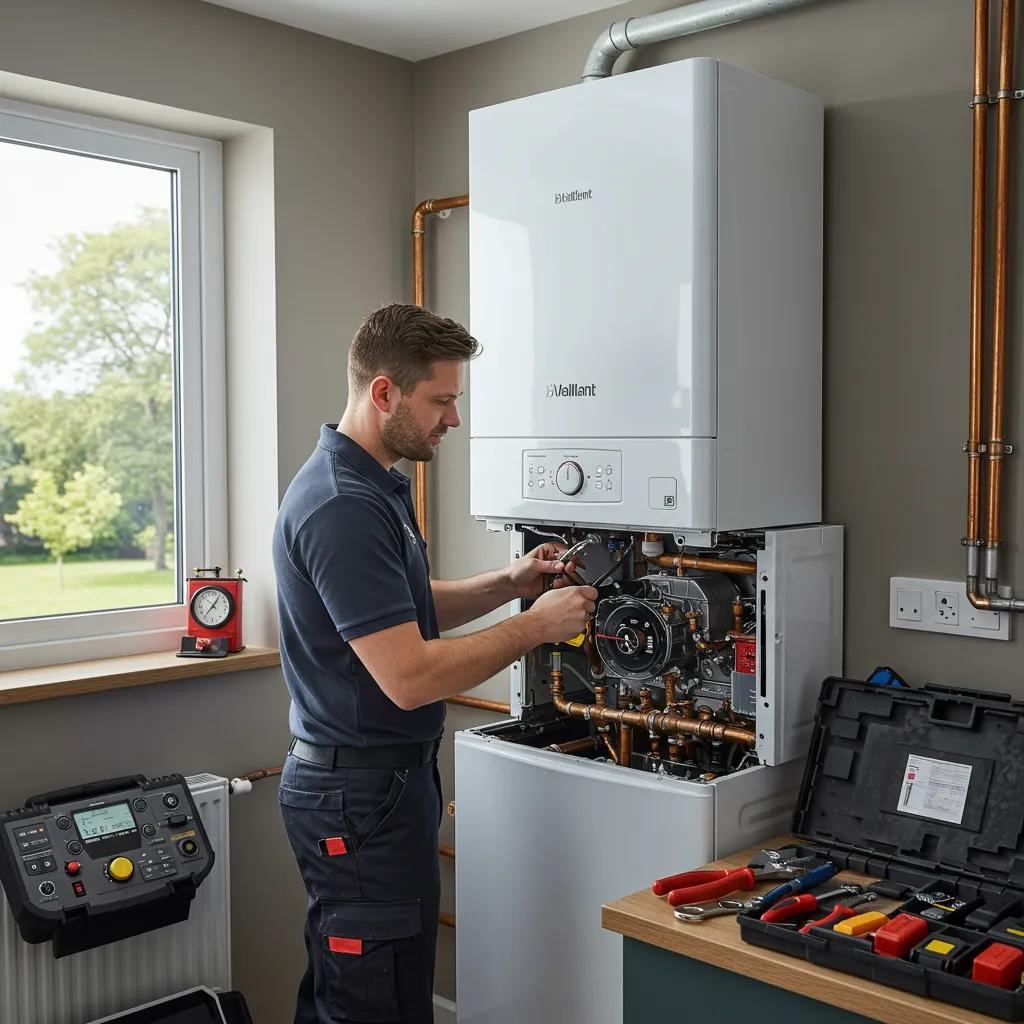 Gas Safe engineer diagnosing a Vaillant boiler in a modern home environment