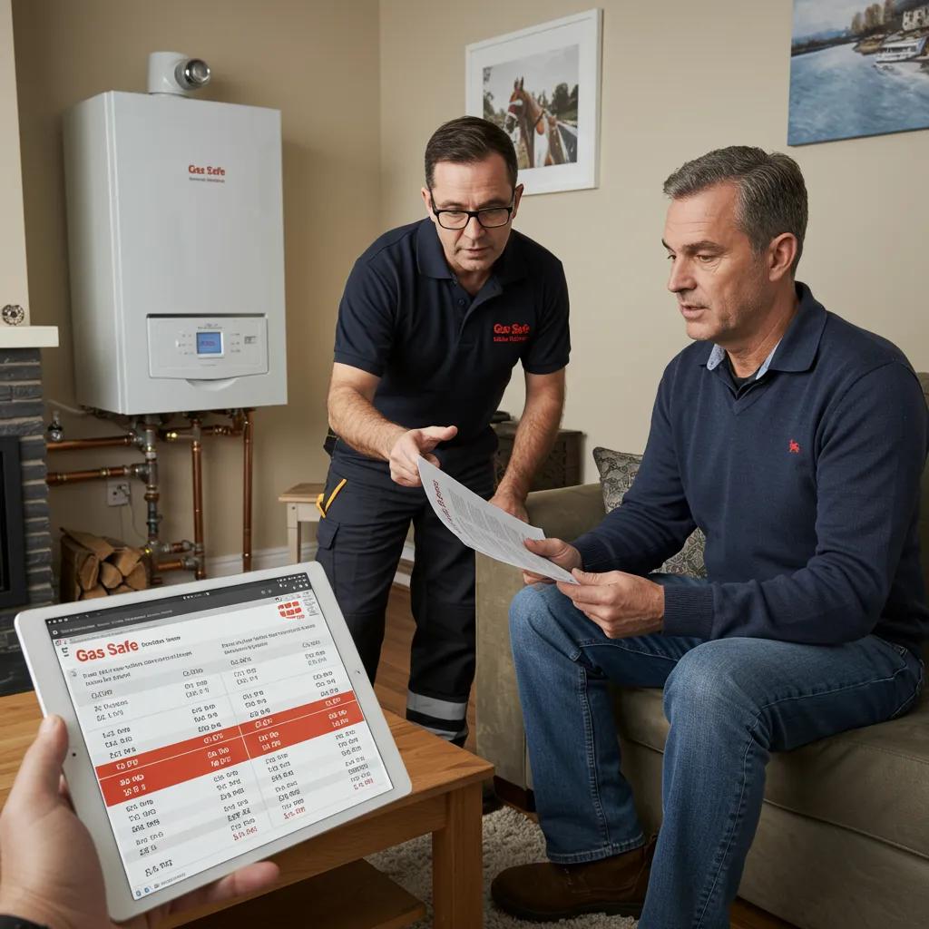 Gas Safe engineer explaining boiler installation costs to a homeowner in a living room