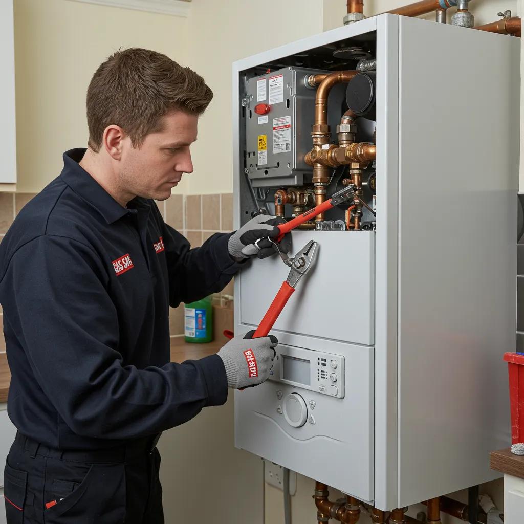 Gas Safe engineer inspecting a boiler in a home, emphasizing safety and compliance