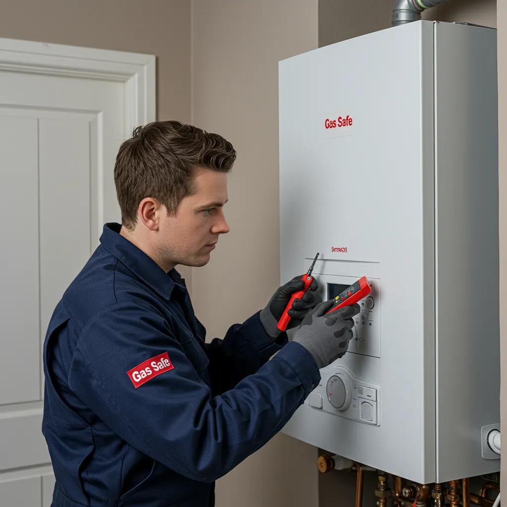 Gas Safe engineer inspecting a modern boiler, showcasing expert boiler repair and installation services in Lanarkshire