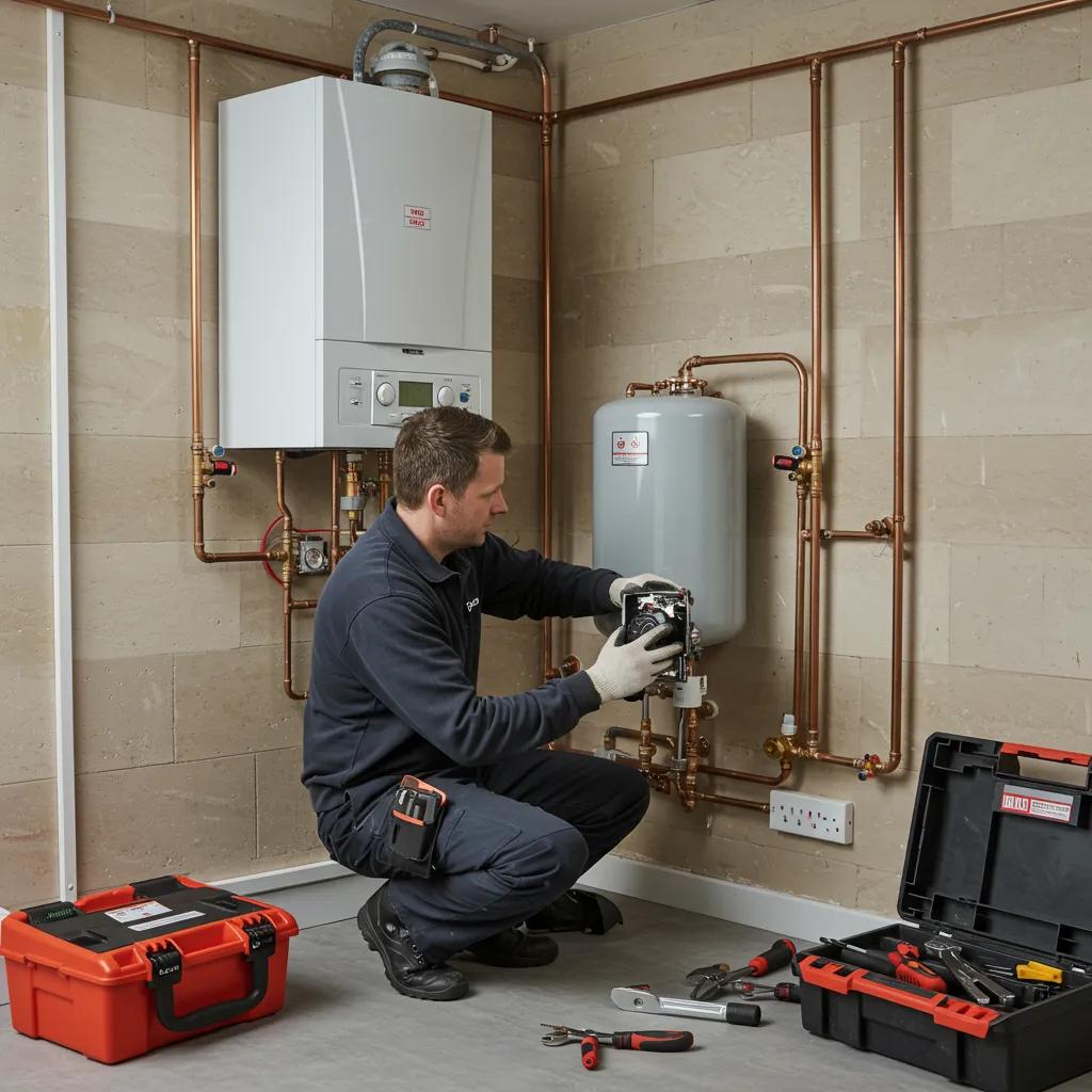 A Gas Safe engineer professionally installing a system boiler, demonstrating the meticulous installation process