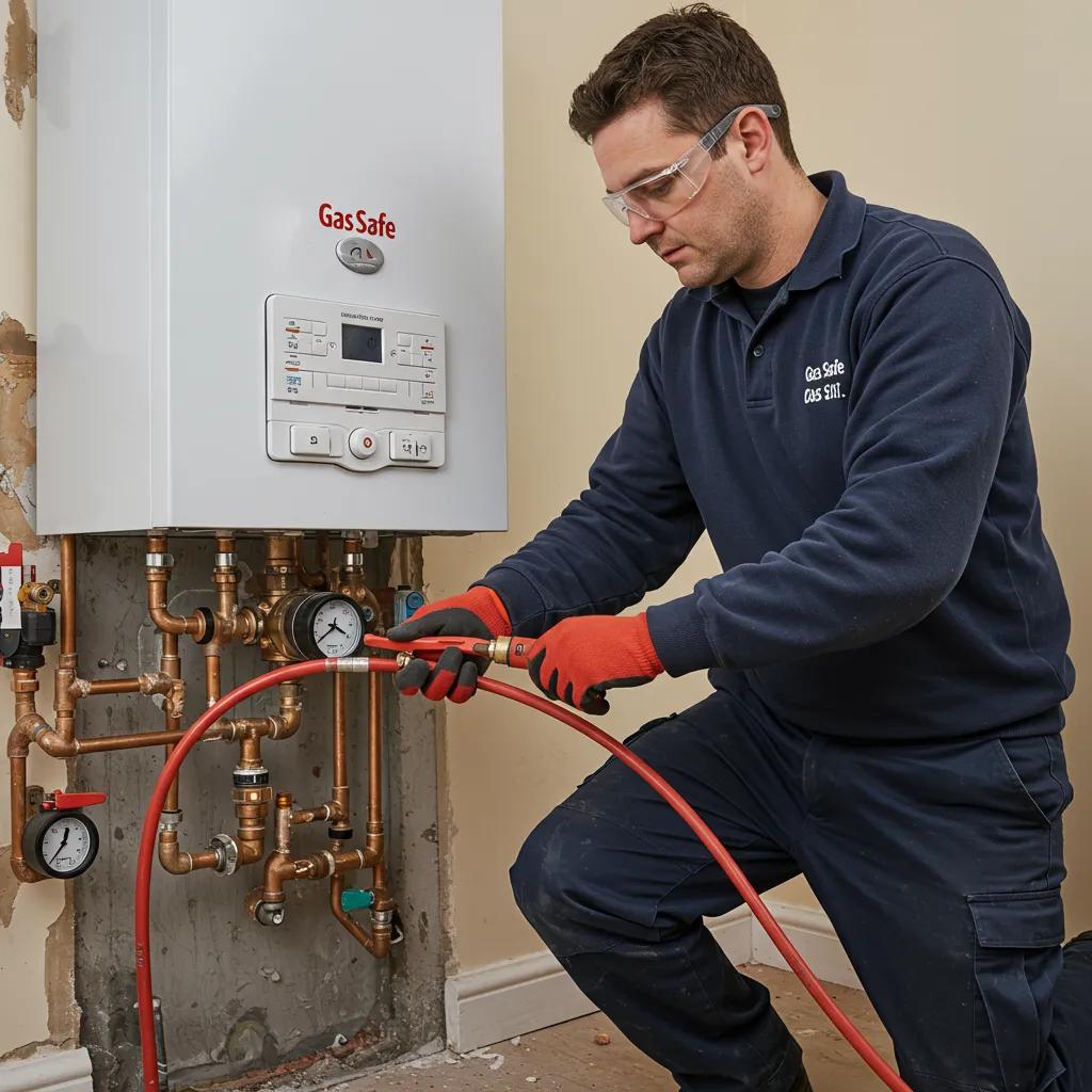 Gas Safe engineer performing a boiler installation in a Cardiff home, showcasing professional safety measures