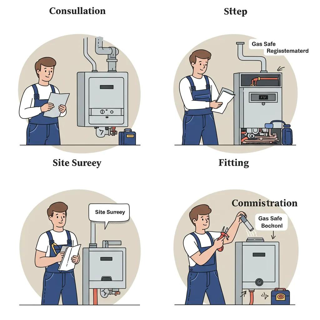 Gas Safe engineer performing boiler installation steps, highlighting the process from consultation to commissioning