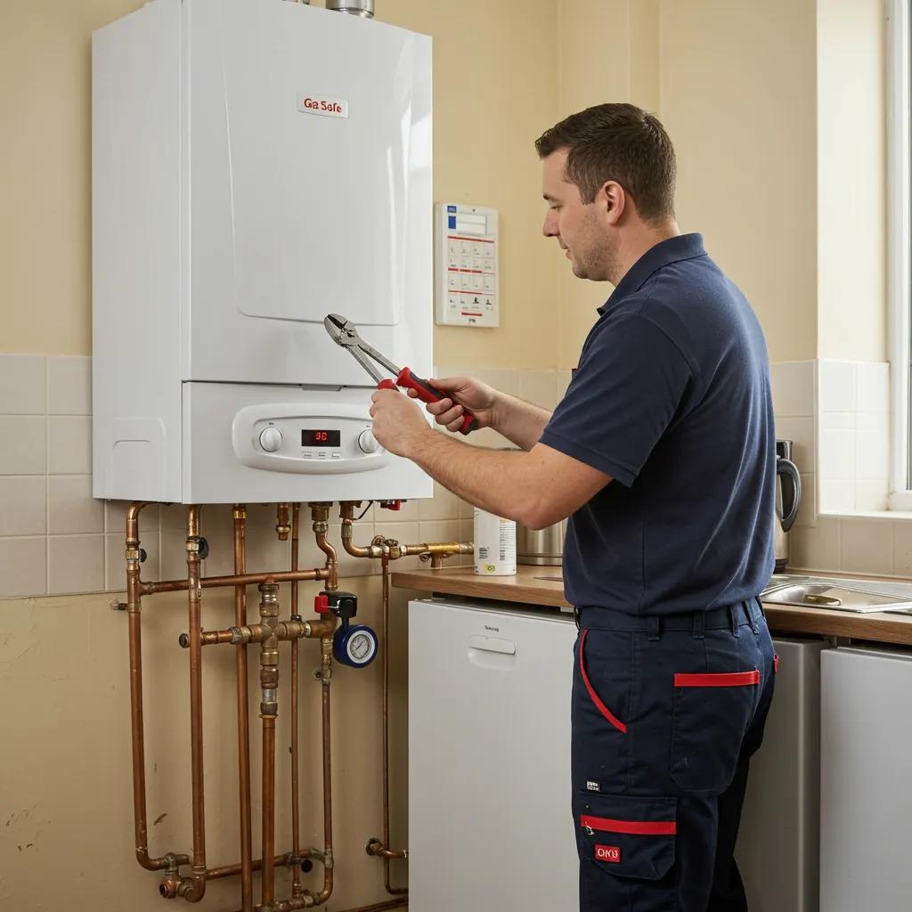 Gas Safe engineer inspecting a boiler in a Glasgow rental property, ensuring safety and compliance for landlords