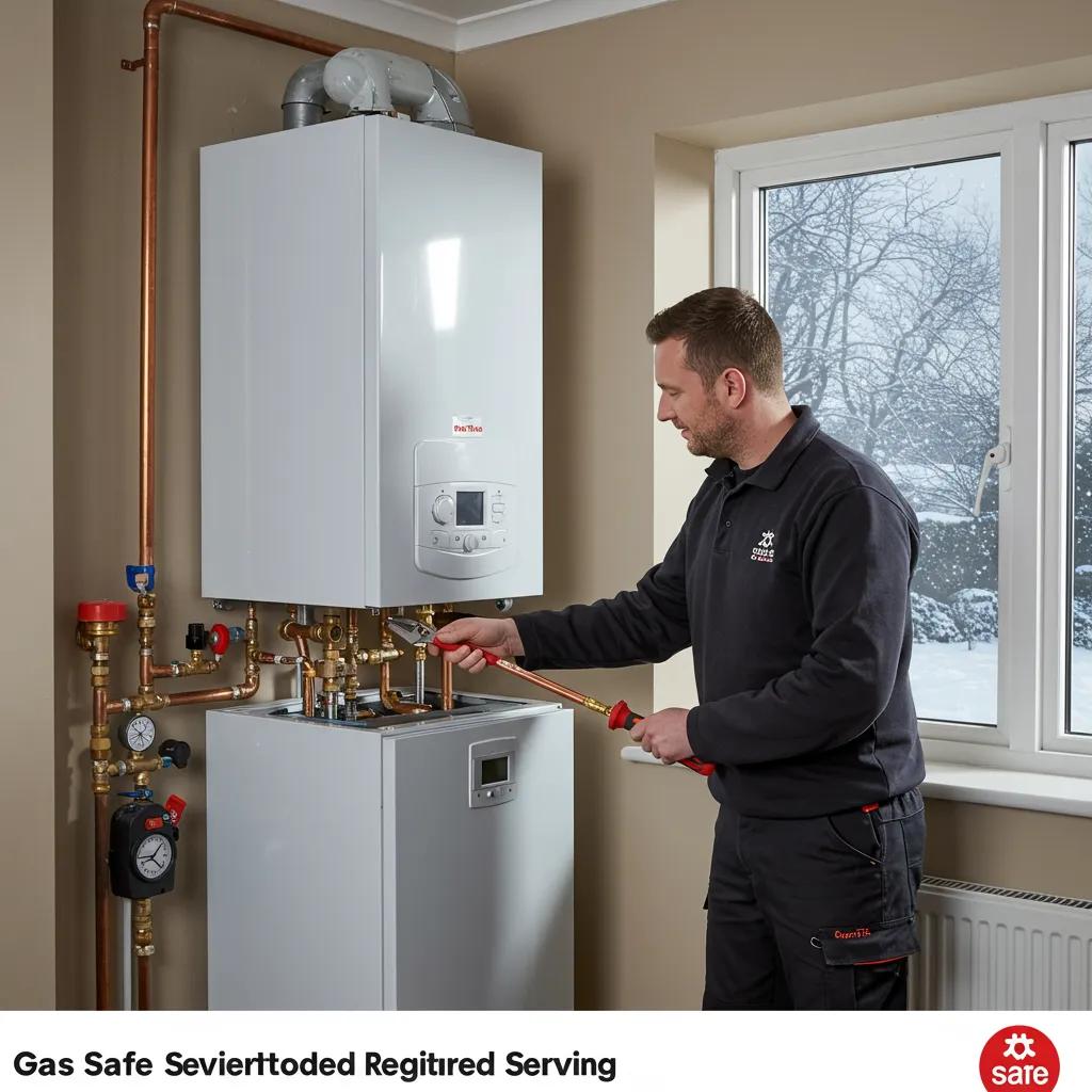 Friendly Gas Safe engineer checking a boiler in a warm Scottish living room