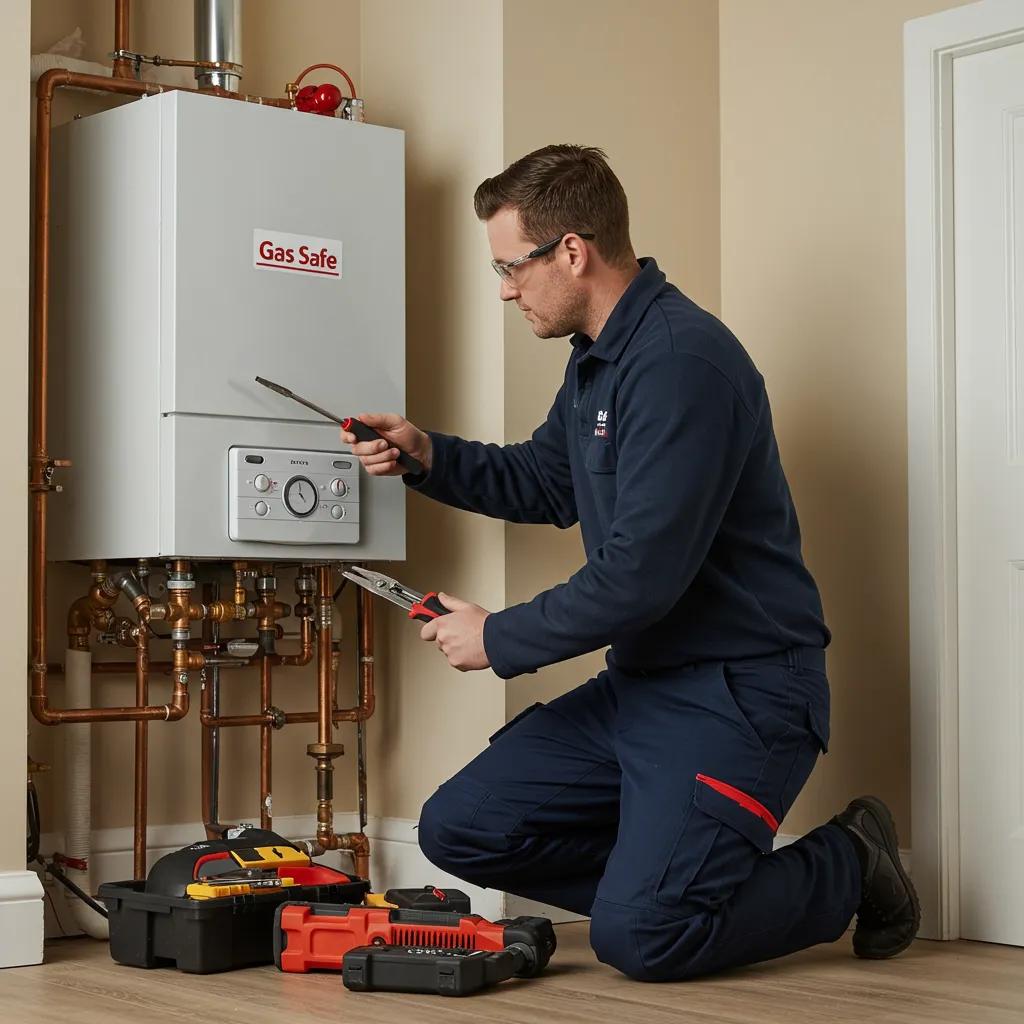 Gas Safe registered engineer inspecting a boiler for safe and reliable repairs