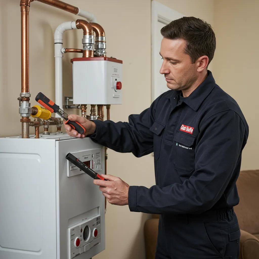 Gas Safe registered engineer inspecting a boiler in a home setting, highlighting safety and professionalism