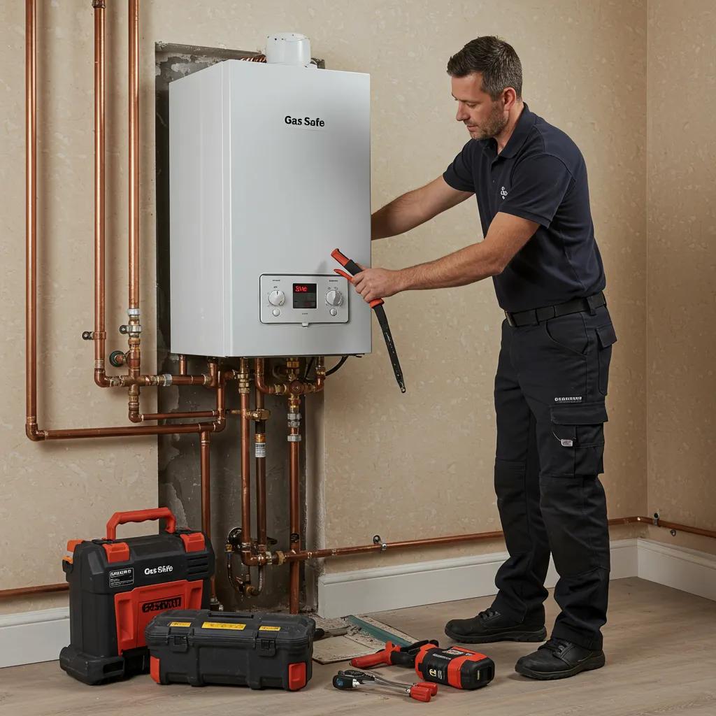 A Gas Safe registered engineer professionally installing a boiler in a Glasgow home, highlighting safety and expertise