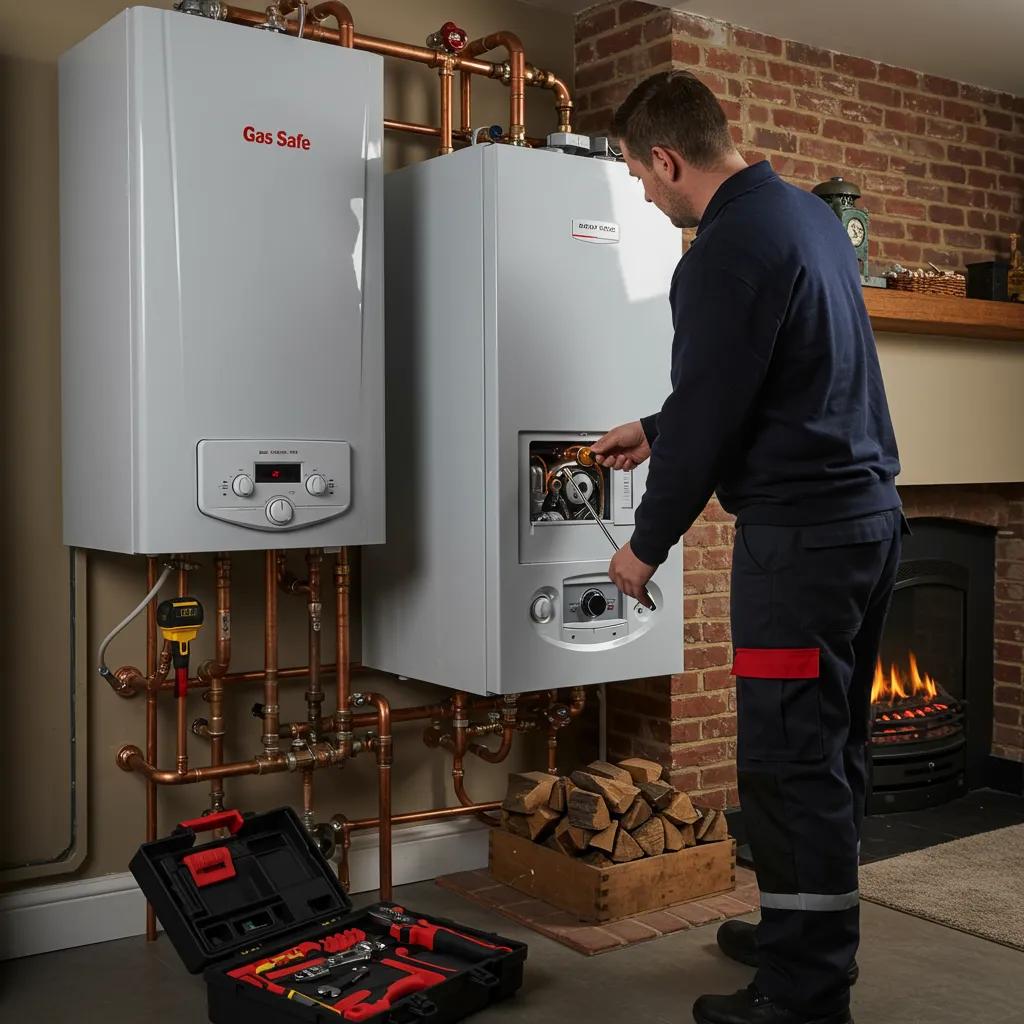 Gas Safe registered engineer servicing a boiler in a cosy home setting