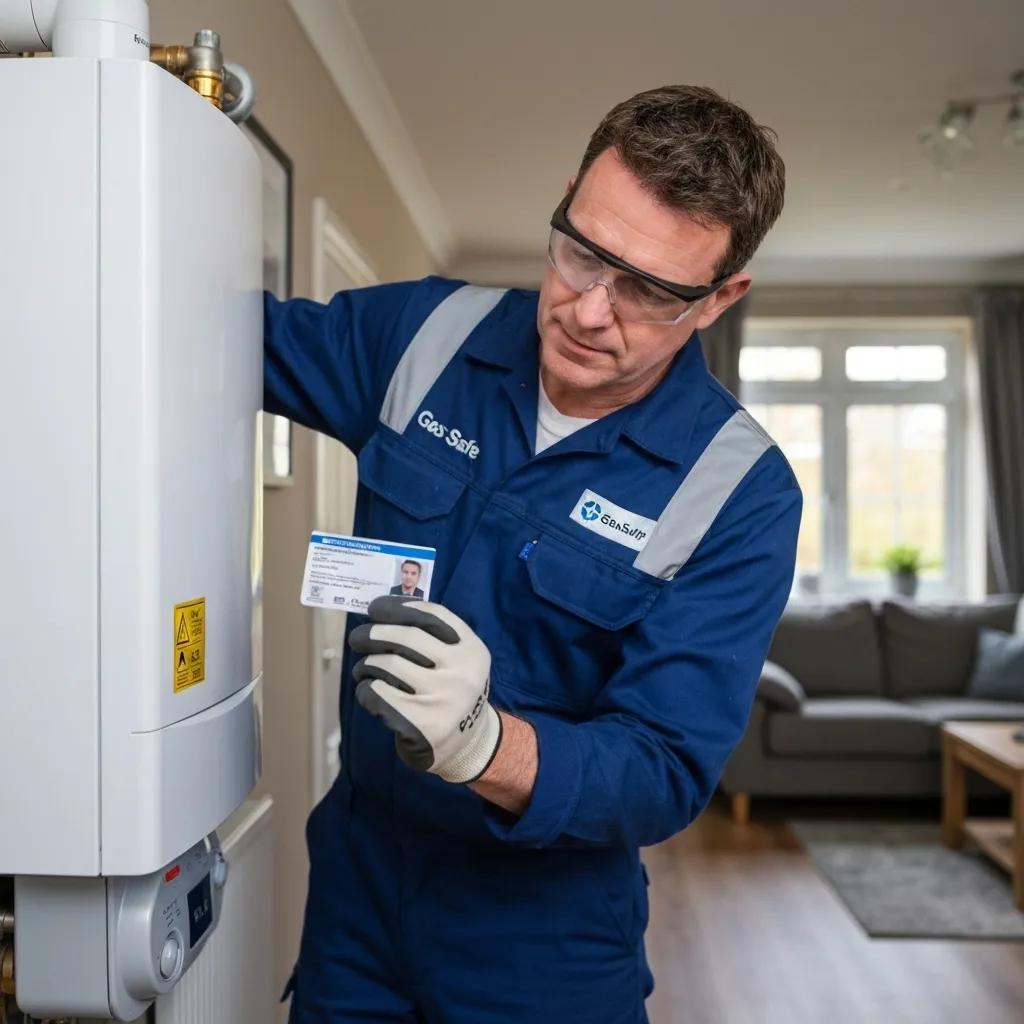 A Gas Safe registered engineer checking their ID while inspecting a boiler in a Glasgow home