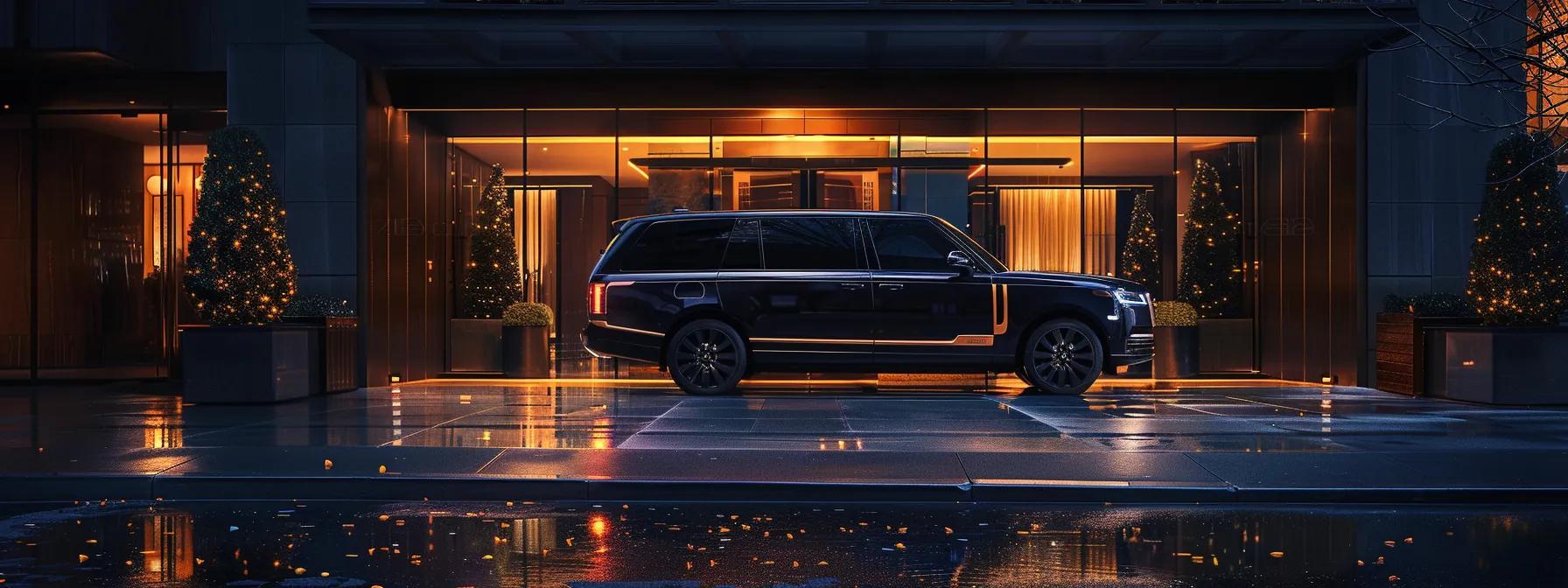 a sleek luxury charter vehicle, gleaming under the warm glow of ambient city lights, is parked in front of a stylish urban venue, showcasing its elegance and suitability for any discerning traveler's destination.
