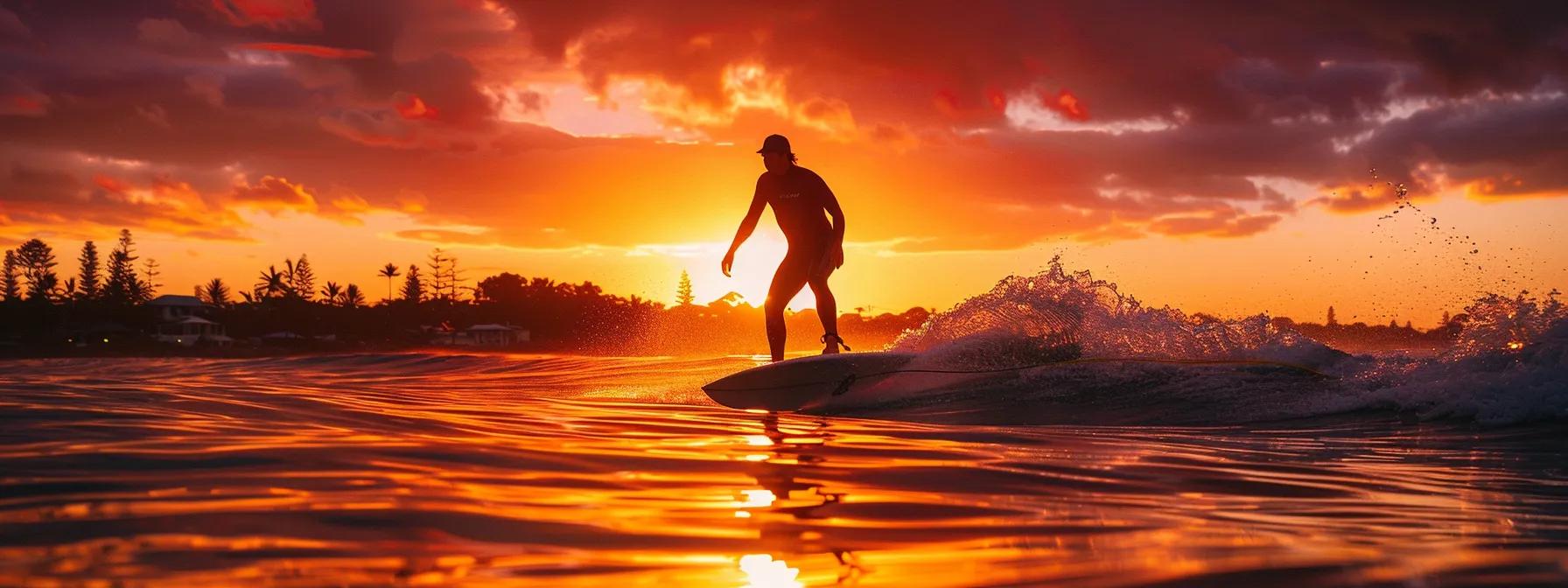 sleek surfer glides effortlessly  over the shimmering waters of the sunshine coast at sunset, with vibrant hues reflecting off the surface, creating a captivating urban watersport atmosphere.