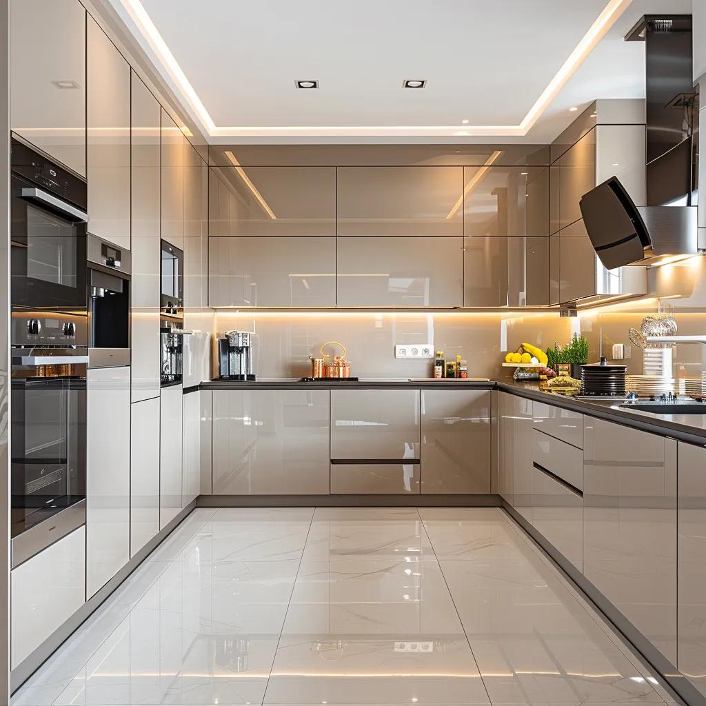 Modern kitchen showcasing satin and semi-gloss paint finishes on walls and cabinetry, emphasizing durability in high-traffic areas