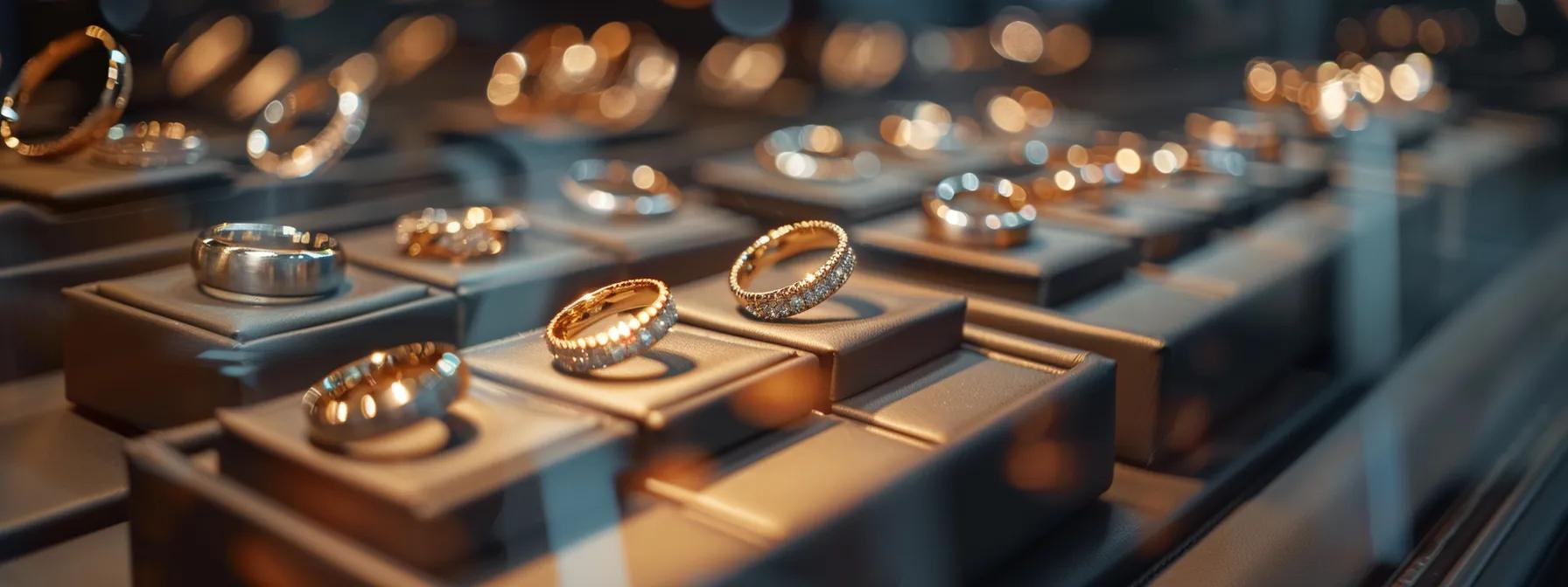 in a sleek, modern jewelry showroom, a glowing display case showcases an exquisite collection of unique tungsten wedding rings, highlighting their distinct designs under intimate, focused lighting that draws attention to their craftsmanship. in a sleek, modern jewelry showroom, a glowing display case showcases an exquisite collection of unique tungsten wedding rings, highlighting their distinct designs under intimate, focused lighting that draws attention to their craftsmanship.