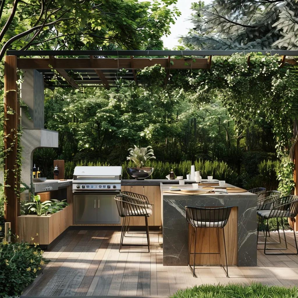 Inviting outdoor kitchen with built-in grill and dining island in a backyard setting