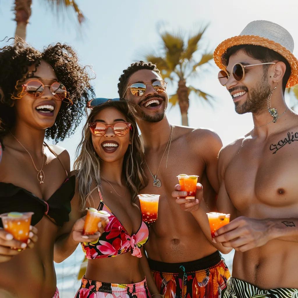 Group of diverse individuals with glowing skin enjoying the sun, holding tanning gummies