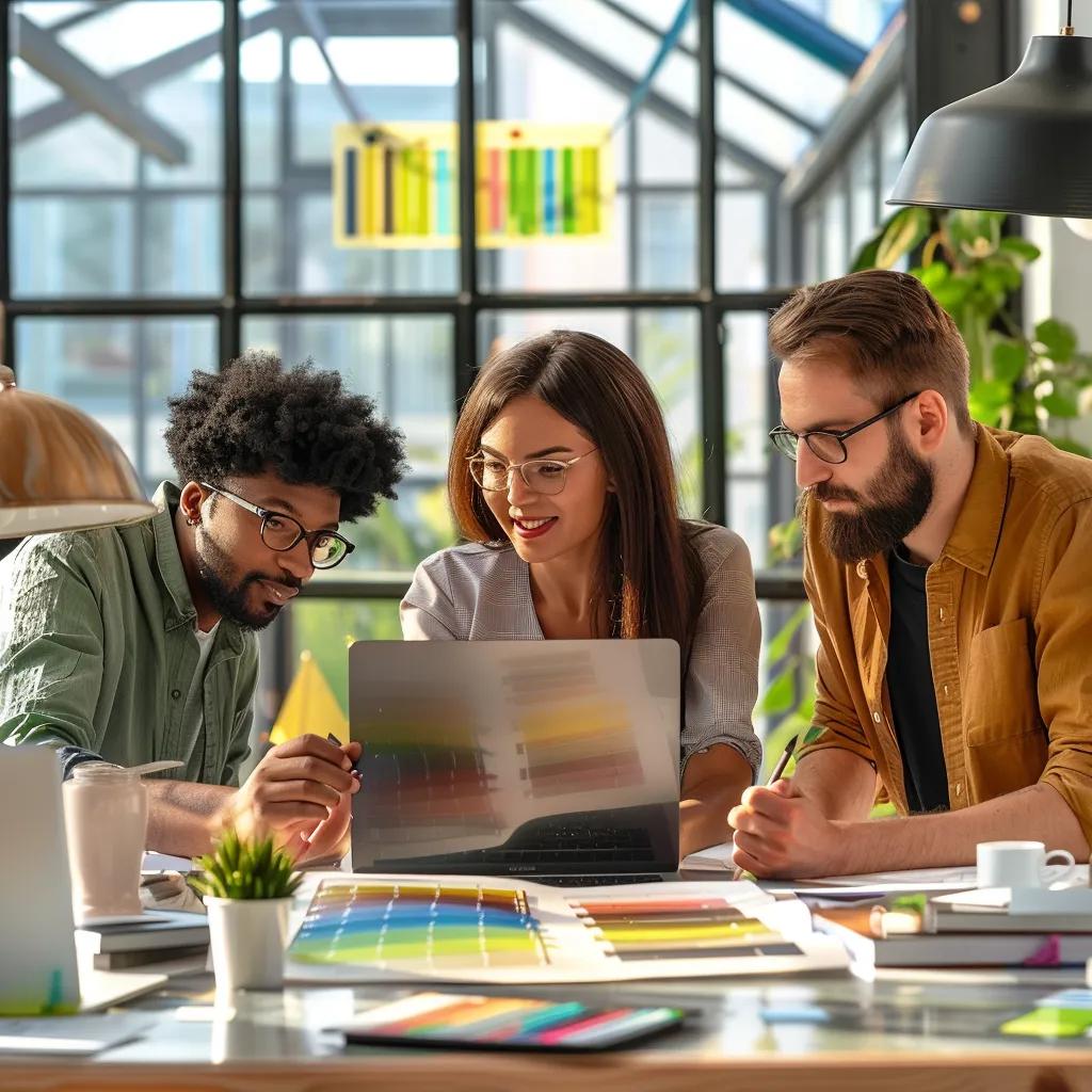 Group of professionals collaborating on website design in a modern office Group of professionals collaborating on website design in a modern office