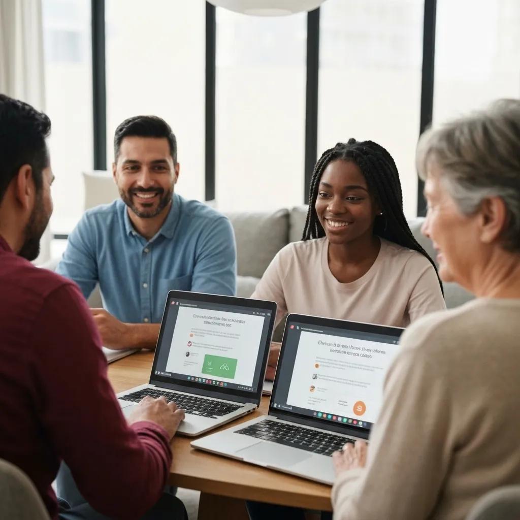 A group of adults actively participating in an online driving course, highlighting the engaging learning experience