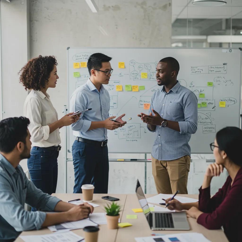 A group of contractors strategizing to attract ideal clients in a modern office setting
