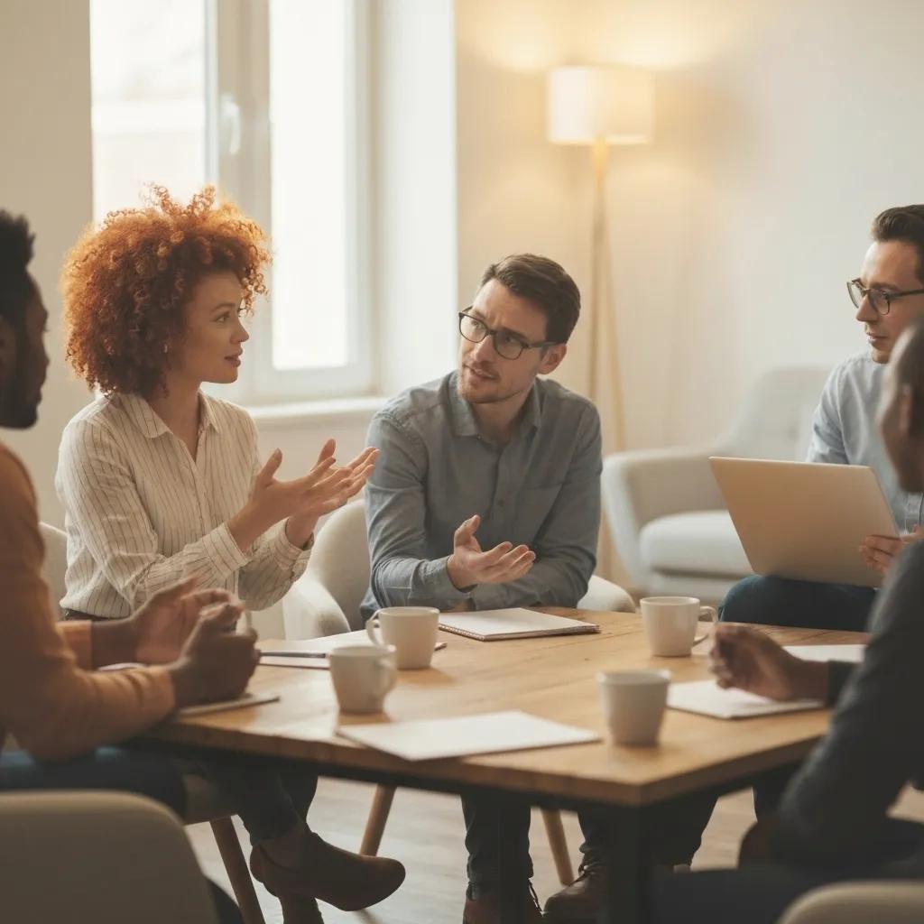 A diverse group of people actively engaged in a meaningful discussion about apologies and communication