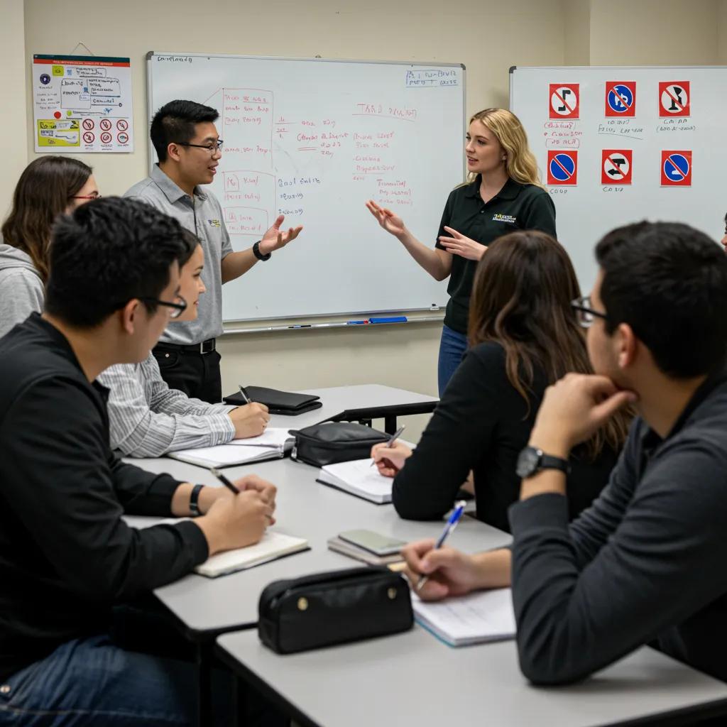 A diverse group of students actively participating in a driver's education class, focusing on traffic laws and safe driving