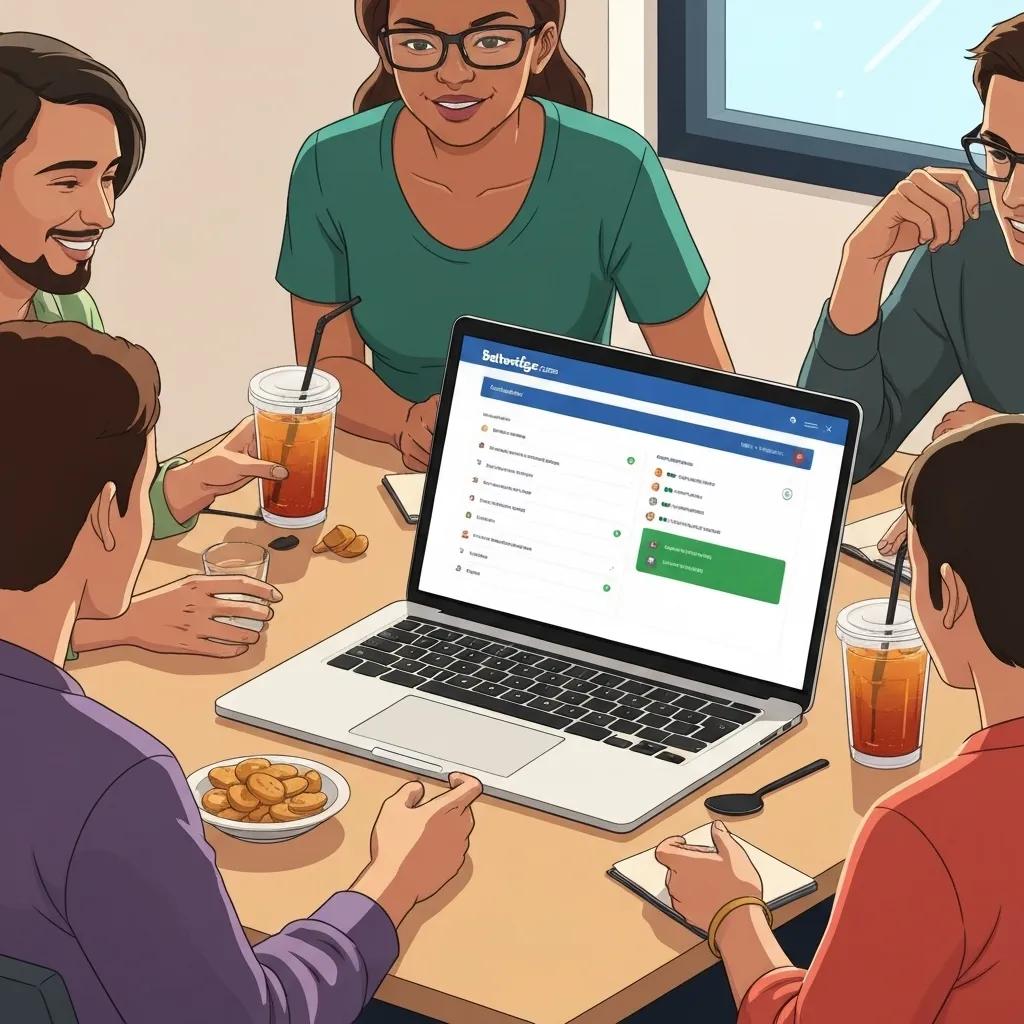 A group of friends animatedly discussing sports betting strategies while gathered around a laptop displaying the BettorEdge.com platform.