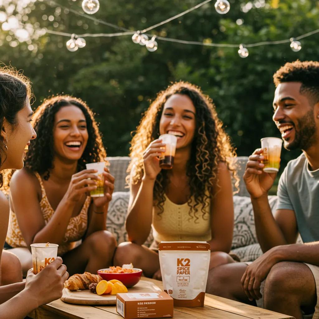 A group of friends enjoying K2 Spice Paper in a relaxed outdoor setting, emphasizing shared social experiences
