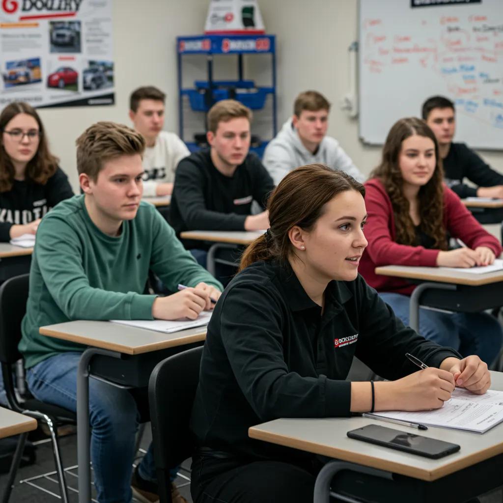 A group of new drivers actively participating in a DMV-approved driving class, emphasizing a positive learning atmosphere