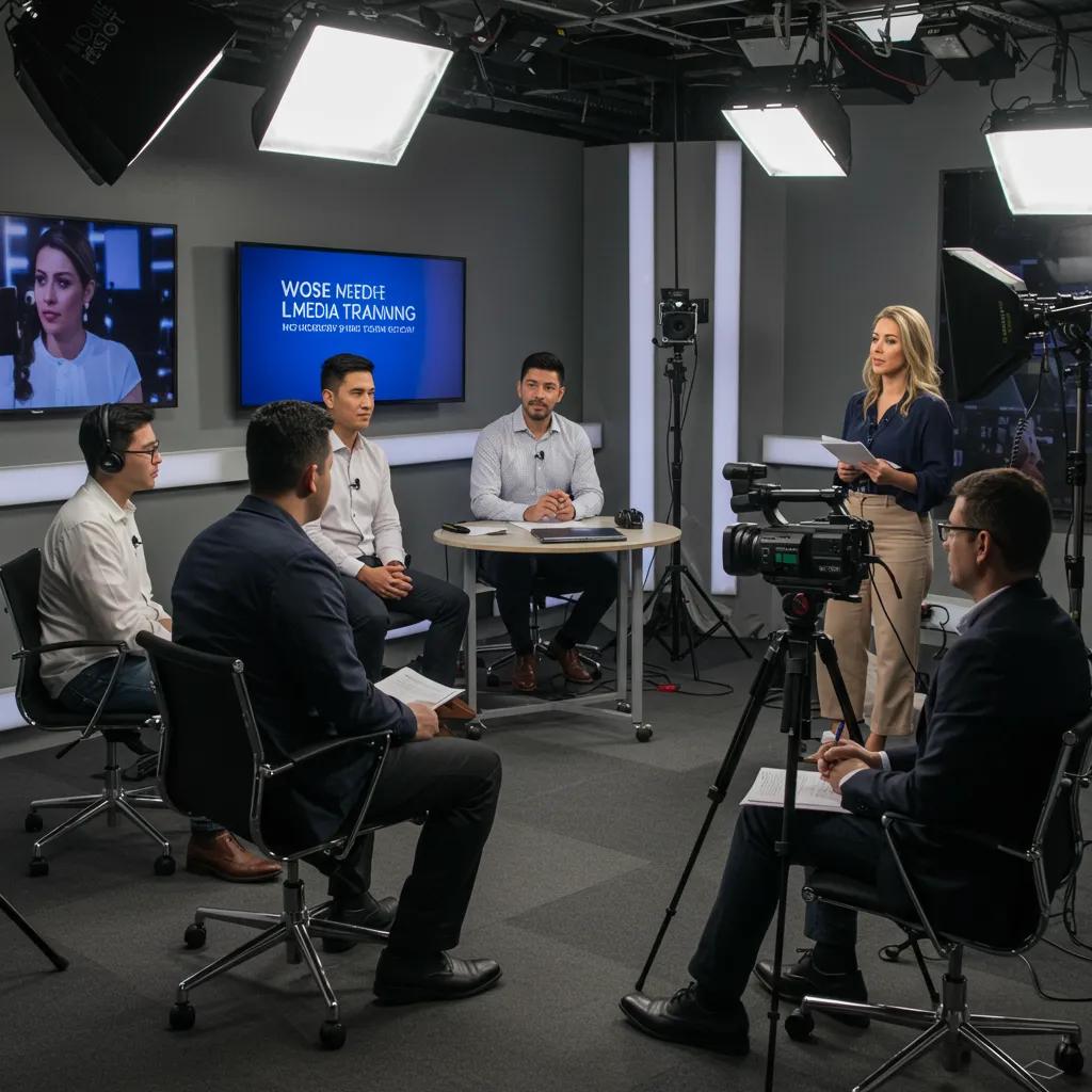 Group of professionals engaged in a media training session, practicing TV interview skills in a studio