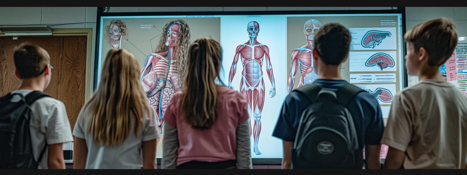 eine gruppe von schülern betrachtet fasziniert einen detaillierten anatomie-poster im klassenzimmer.