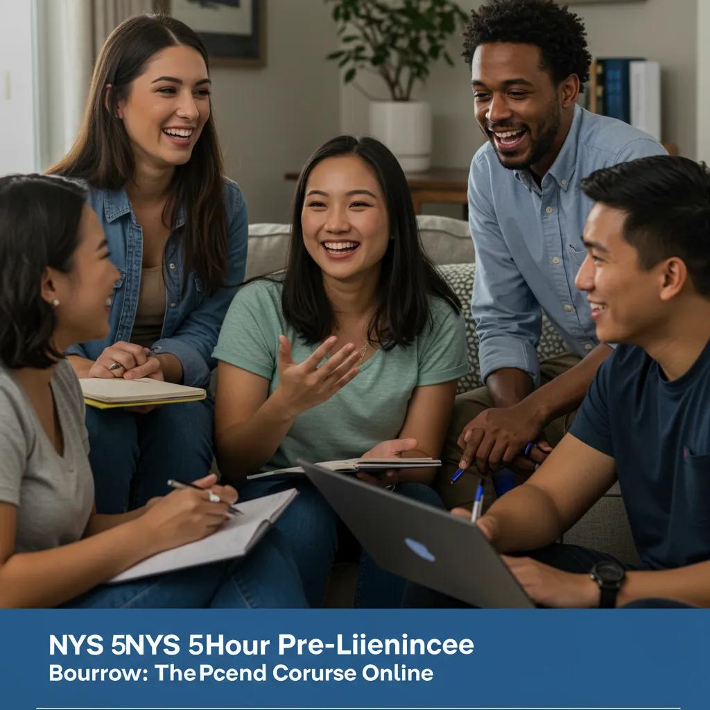 Group of young adults discussing benefits of NYS 5-Hour Class Online in a cozy setting
