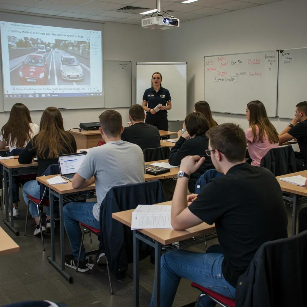 A group of young adults actively participating in a 5-hour pre-licensing driving course led by a certified instructor.