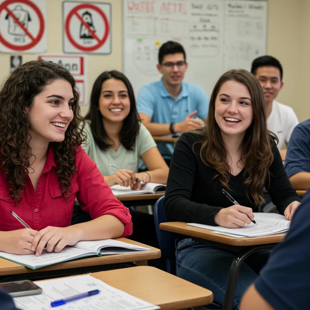 A diverse group of young adults actively participating in a DMV pre-licensing class, focusing on traffic law education and safe driving practices