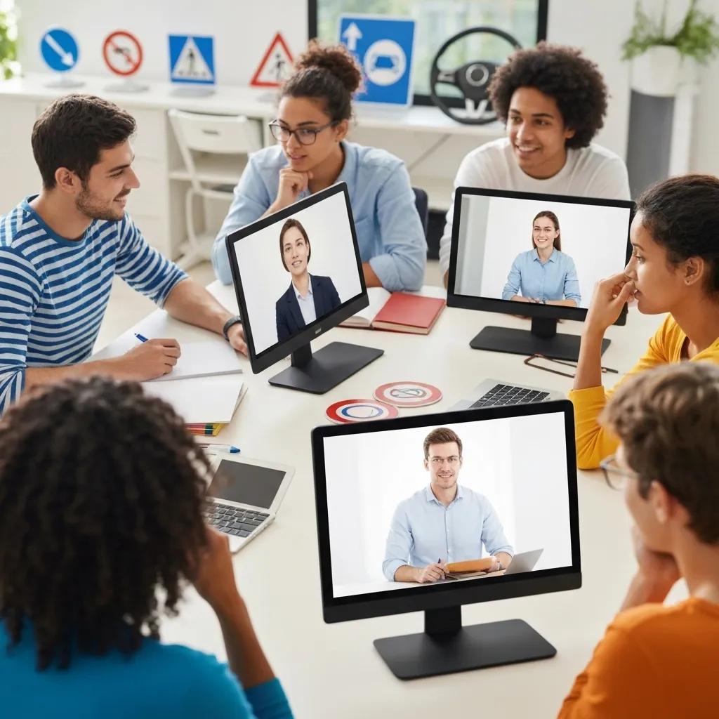 A diverse group of young adults actively participating in a live Zoom driving education session, demonstrating engagement and learning