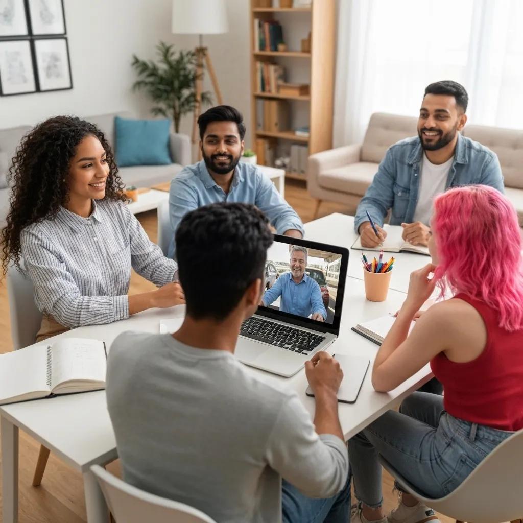 Group of young adults actively participating in an online driving class, showcasing the ease and accessibility of the NY 5-Hour Pre-Licensing Course