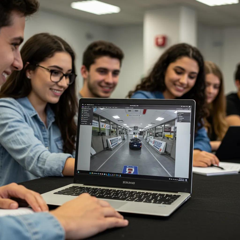 A group of young adults enthusiastically participating in a virtual driving class, capturing the excitement of learning to drive