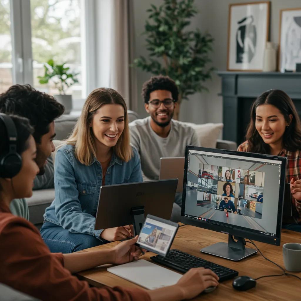 A group of young adults actively participating in an online driving course, highlighting a positive and engaging learning atmosphere