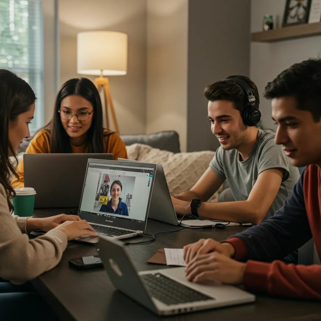 Young adults actively participating in an online driving course, emphasizing the convenience of virtual learning