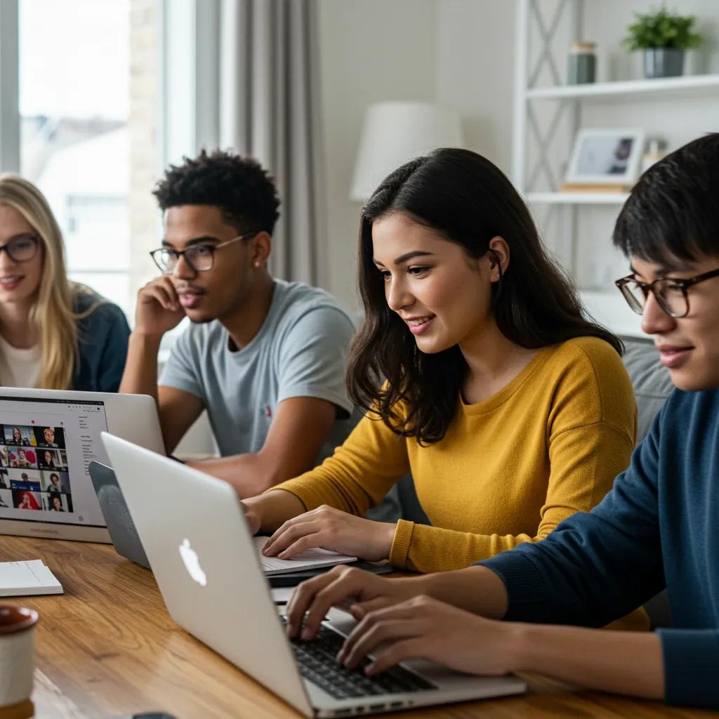 Young adults actively participating in an online driving course, highlighting a collaborative and engaging learning atmosphere
