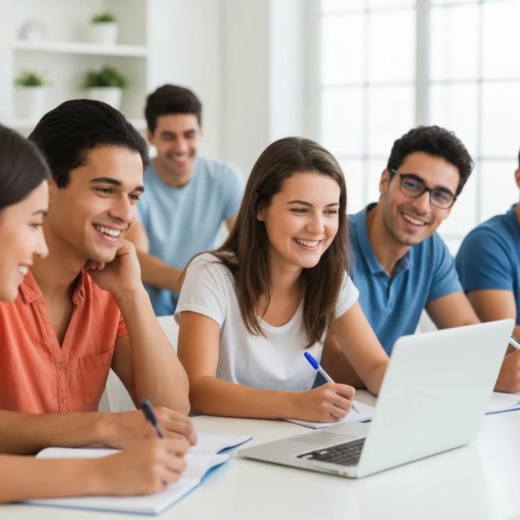 A diverse group of young adults actively participating in an online driving education session, conveying a positive and engaging learning atmosphere