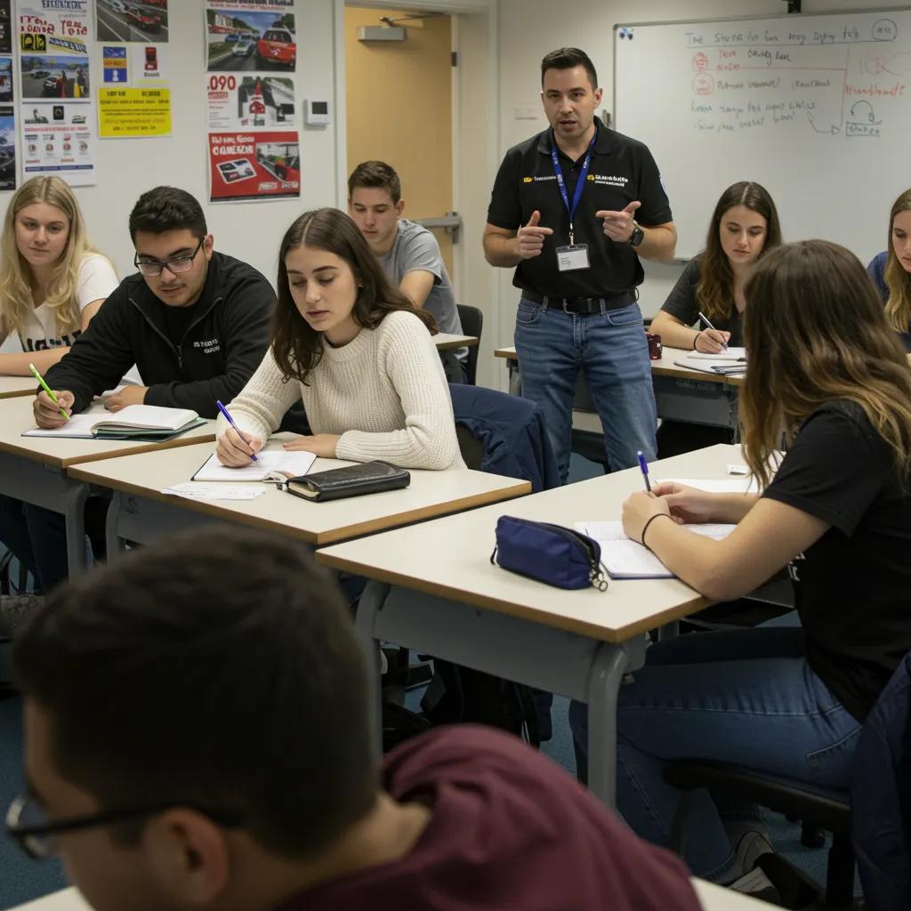 A group of young adults in a classroom setting for a driving course, with an instructor present