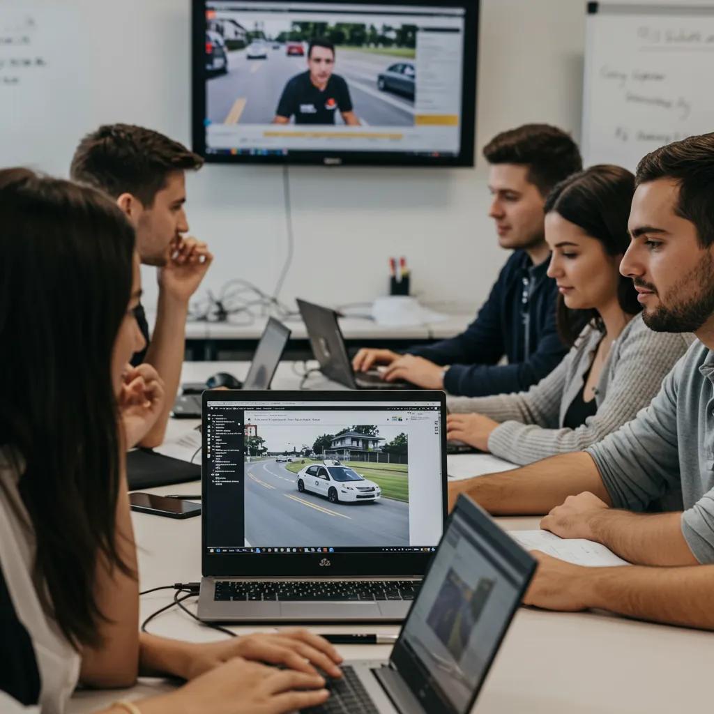 A diverse group of young adults actively participating in an online driving course, fostering a sense of community and shared learning