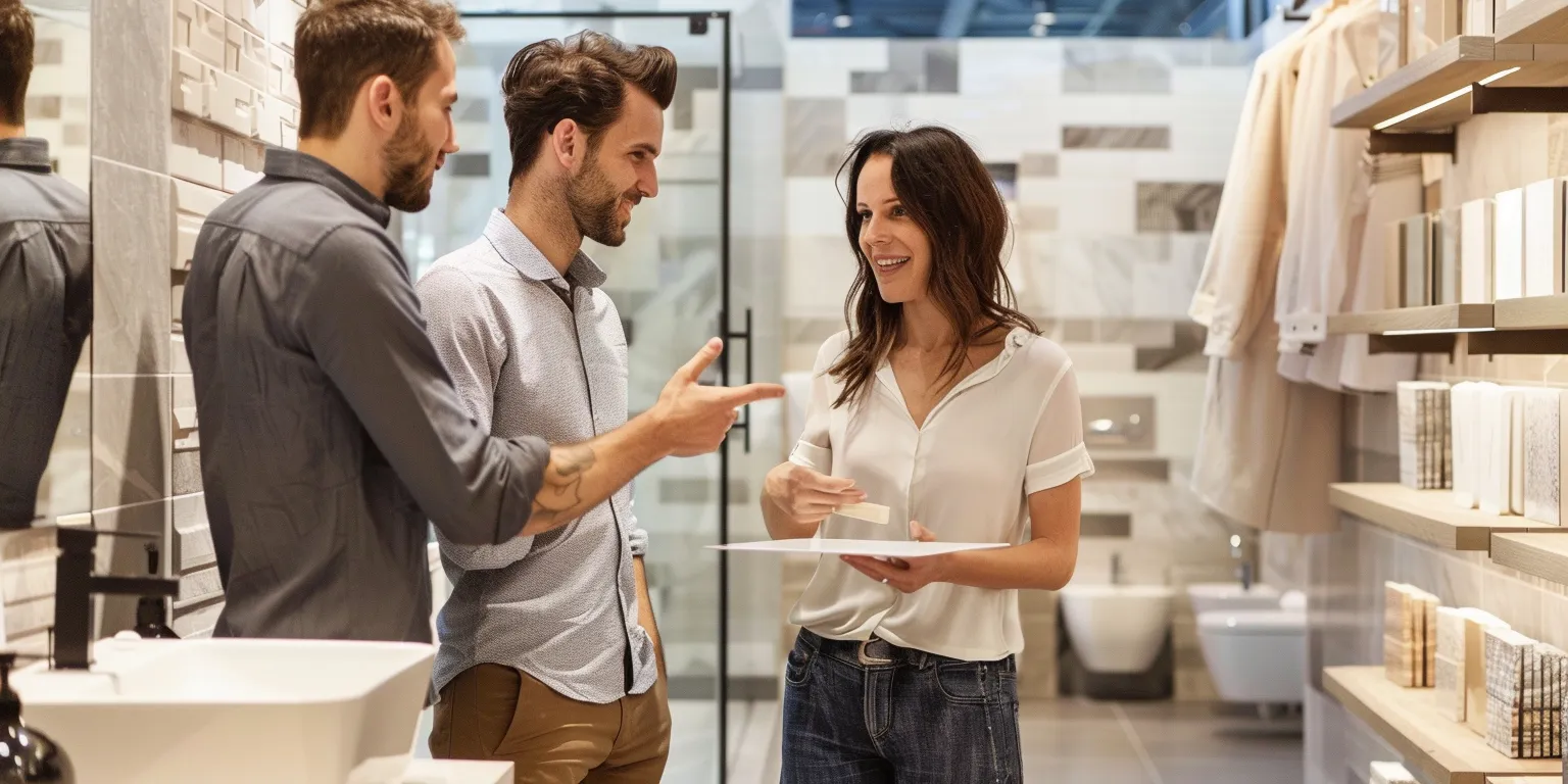 Couple consulting with a contractor in a modern bathroom showroom, discussing remodeling options and design choices.