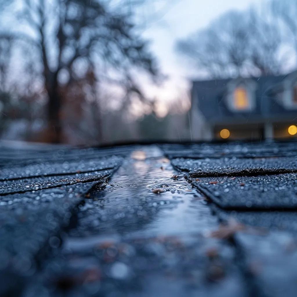 Close-up of hail damage on asphalt shingles with visible dents and missing granules
