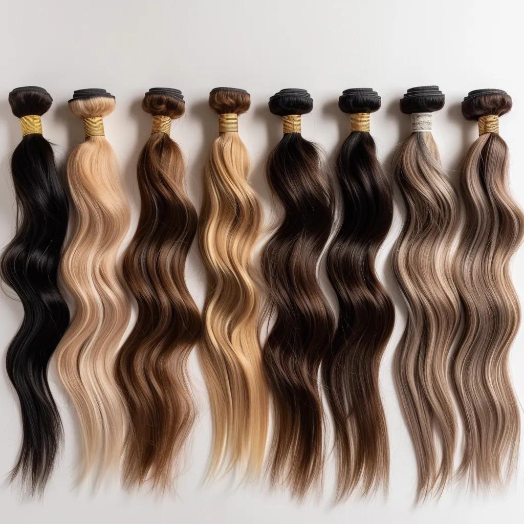 Variety of Remy hair extensions showcasing different textures and colors for hand-sewn wefts