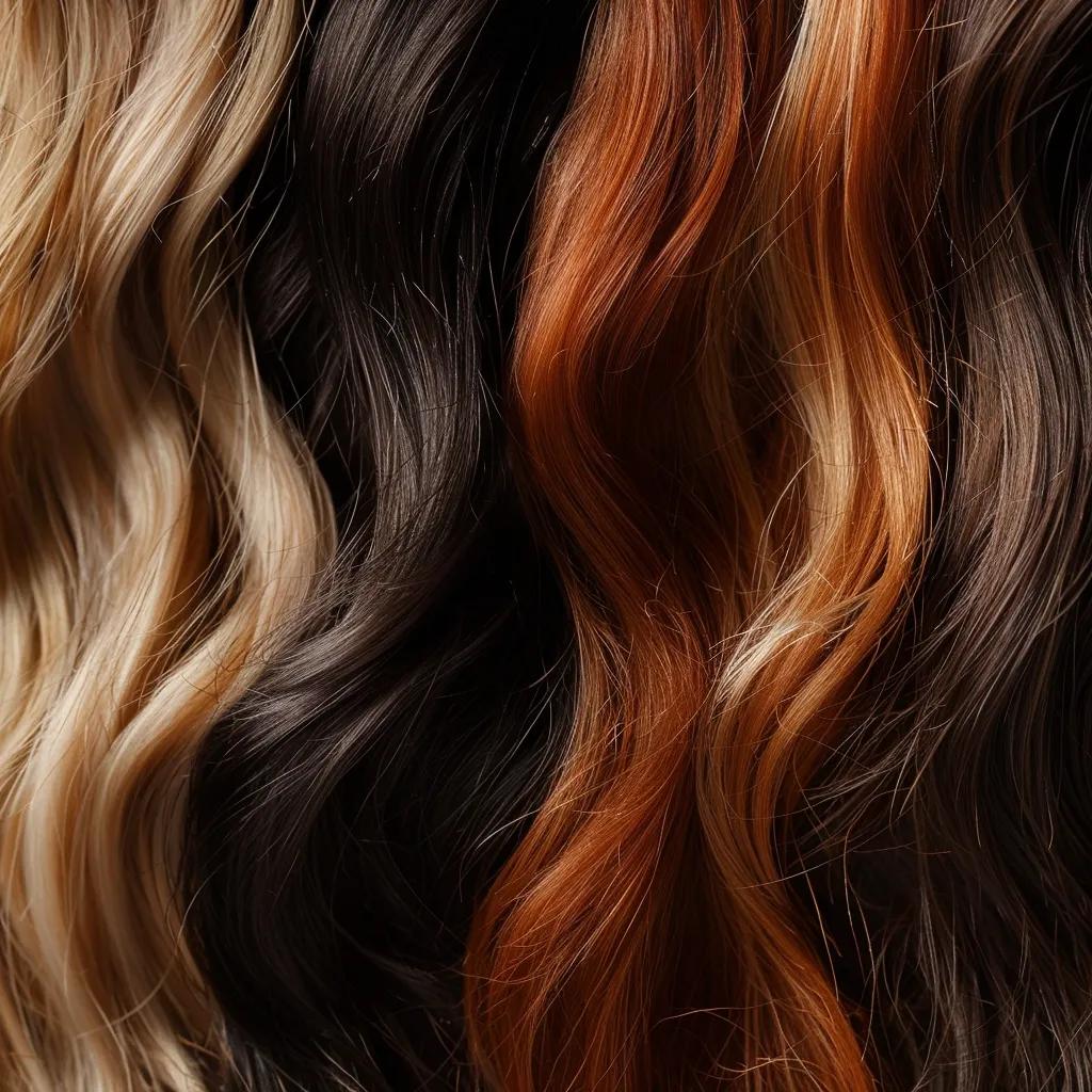 Close-up of various hair textures for matching with hand-sewn weft extensions