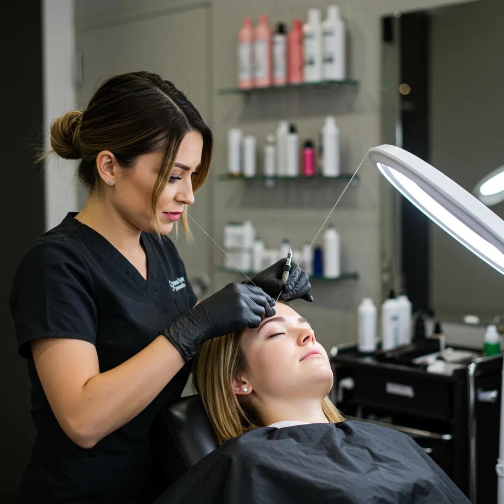 Hair threading session in a Brooklyn salon with a technician and client, emphasizing precision and hygiene